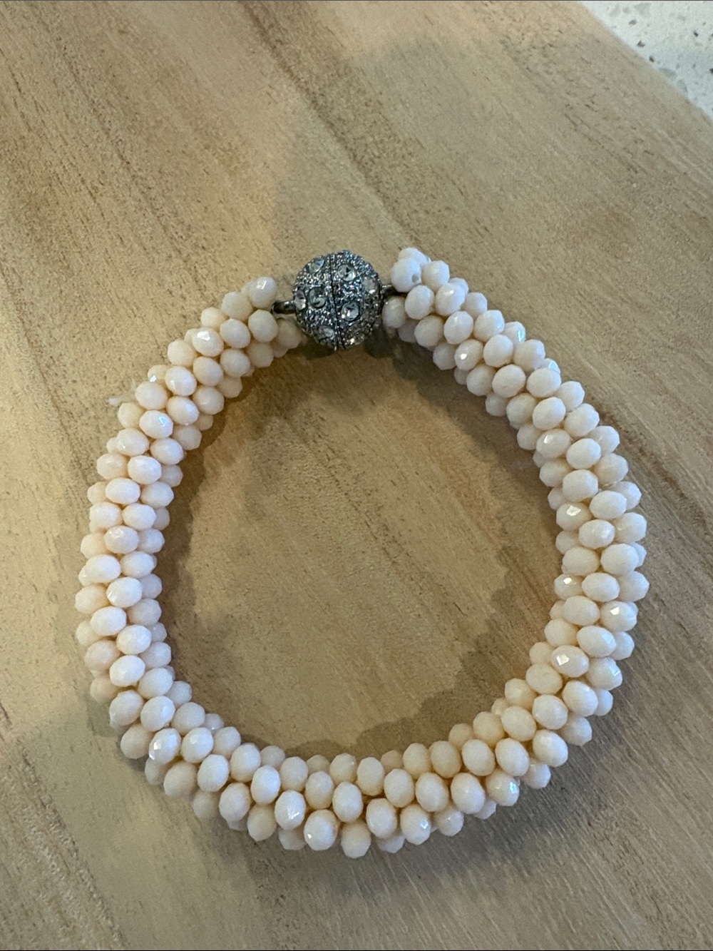 Cream Faceted Beaded Multi-Strand Bracelet with Rhinestone Magnetic Clasp